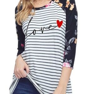 LOVE Graphic Striped And Floral Print Top